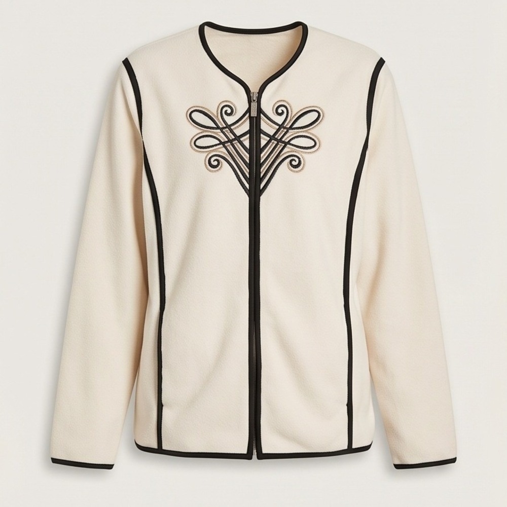 Bob Mackie XL Wearable Art Cream Fleece‎ Zip Up Jacket Embroidered Scrollwork
